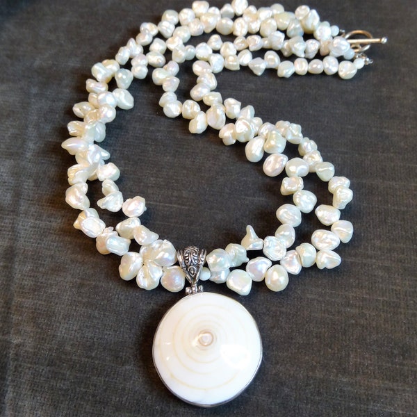 Vintage Artisan Made Freshwater Pearl Strands With Shiva Shell Pendant ~ Sterling Silver ~ Bridal Spiritual Spiral