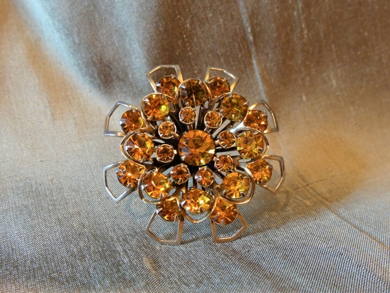 Vintage Amber Rhinestone Brooch - 1950's Atomic S… - image 2