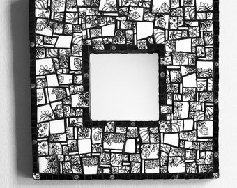 Black white mosaic mirror. Crockery, picassiette, broken china. Mosaic recycle. Wall hanging decor. Housewarming gift.