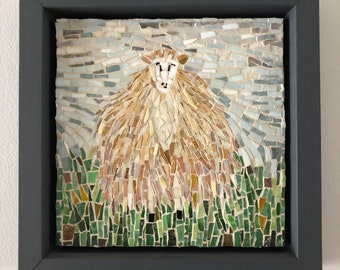 Islandic sheep. Wall hanging glass mosaic in dark grey wood frame.