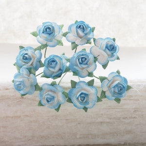 15 mm. Mini Roses Mulberry Paper - 2 Tone of Blue and White Color | Artificial Flowers (RN2BW15)