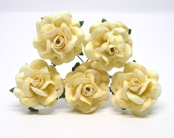 5 pcs Roses Mulberry Paper - Light Yellow Cream | Artificial Flowers - 35 mm (KRLY35)