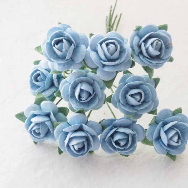 15 mm. Mini Roses Mulberry Paper -  Blue Color | Miniature | Dollhouse Flowers (RNB15)