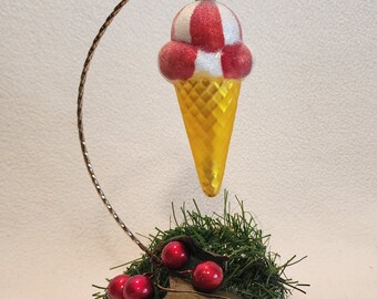 Ice Cream Cone Christmas Glass Ornament, Red, White Ice Cream Scoop, with Gold Metallic Cone, 2000s, Original Gift Box in  Red, ON SALE 6.00