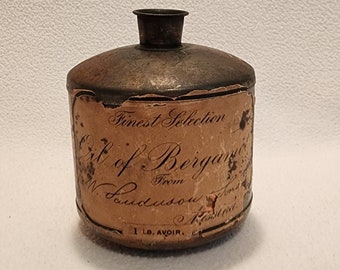 Antique Oil of Bergamot Paudusow & Sons, Messina Italy, Original Labels, Repacked Dodge/Olcott, USA Copper Druggist Tin, 1800s, Rare, Unique