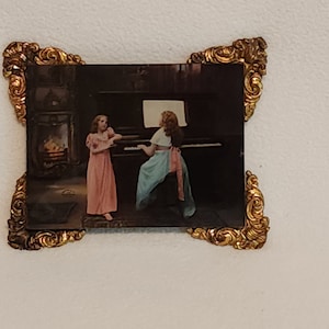 Antique Crystoleum Victorian Picture Print Painted On Glass of two Young Girls at the Piano, Brass Trim, Marked 1899, New York,ON SALE 59.00