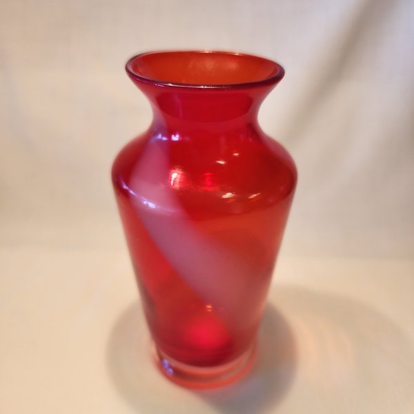 Ruby Red and White Wispy Swirl Art Glass Vase w/Clear Base and Flared Top, Hand Blown, Bright Translucent Color, 1950s, Lovely Valentine