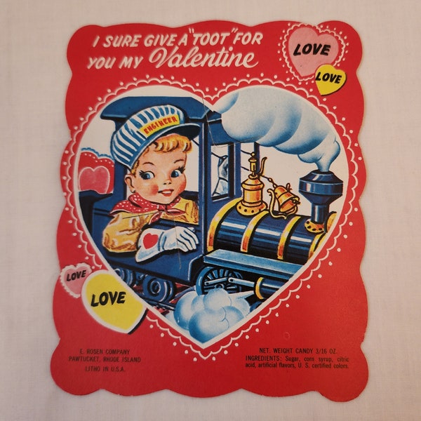 Vintage E. Rosen Valentine Lollipop Litho Card Children’s Train Conductor, Original 1950s Signed, Railroad Ephemera, USA, Collectible & Rare