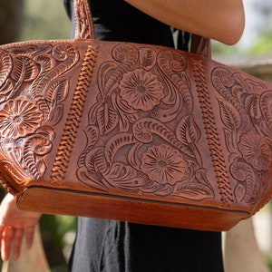 Leather Tote Handbag - Hand Tooled Leather Design - Shoulder Bag Purse