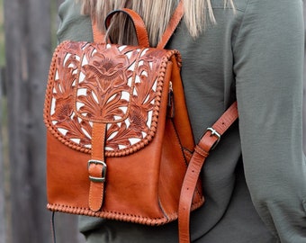 Leather Backpack Purse for Women - Hand Tooled Leather Purse - Fashion Backpack- Ladies Backpack Bag