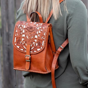 Leather Backpack Purse for Women - Hand Tooled Leather Purse - Fashion Backpack- Ladies Backpack Bag