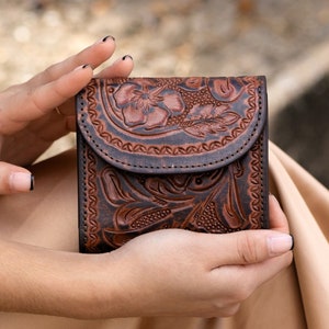 Compact Womens Wallet - Hand Tooled Leather Wallet for Her - Woman Small Wallet Gift Flowers