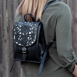 Tooled Leather Womens Backpack - Ladies Leather Backpack Purse - Fashion Backpack - Small Petite Sized