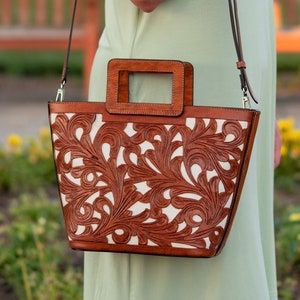 Leather Crossbody Purse - Tooled Leather Bag - Cross body Bag for Women - Top Handle Handbag