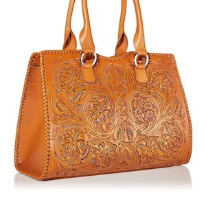 Leather tote bag - leather bag women- tooled leather purse - large leather bag- big shoulder bag - tooled leather handbag