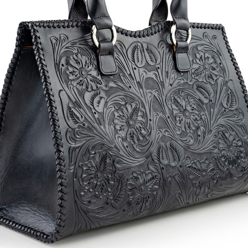 Black Leather Tote Bag Womens Tooled Leather Purse Large - Etsy