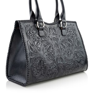 Black leather tote bag - Womens tooled leather purse - Large shoulder bag - Mexican carved handbag