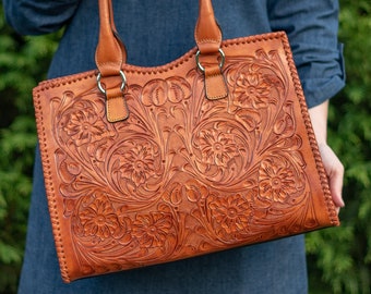 Leather tote bag - leather bag women- tooled leather purse - large leather bag- big shoulder bag - tooled leather handbag