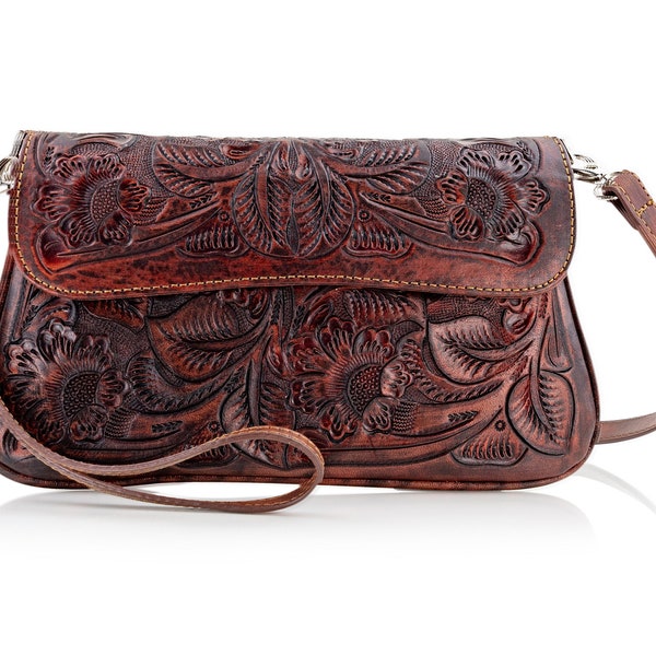 Cross body bags for women - tooled leather handbag - leather purse crossbody - Mexican leather bag - tooled leather purse