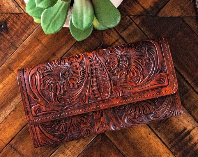 Handmade Leather Tooled Wallet, Coin Purse and Wristlet Combo Wallets