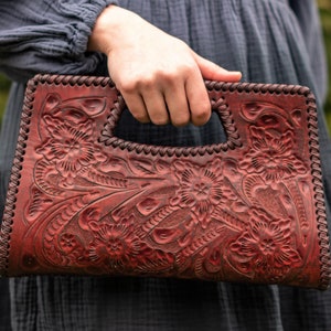 Vandiver Hand Tooled Leather Clutch - Caramel Brown