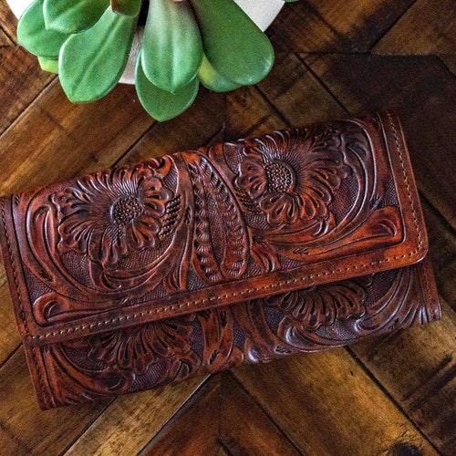 Tooled Leather Wallet for Women Trifold Wallet Large Etsy