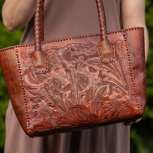 Hand tooled leather purse tooled leather bag large shoulder bag Mexican purse leather top handle handbag brown leather purse western purse