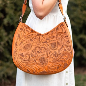 Large crossbody leather purse - tooled leather bag - big leather hobo bag - braided strap - cross body bags for women