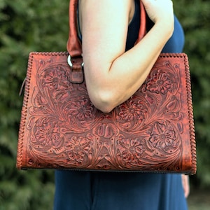 Leather tote bag - Womens tooled leather shoulder bag - Large leather tote purse- hand tooled and painted