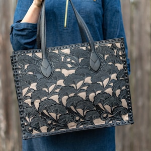 Hand Tooled Leather Tote Purse for Women - Large Leather Handbag - Leather Work Bag - Laptop Bag