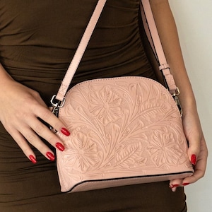 Pink Small Dome Crossbody Bag in Hand Tooled Leather - Perfect Blend of Elegance and Functionality