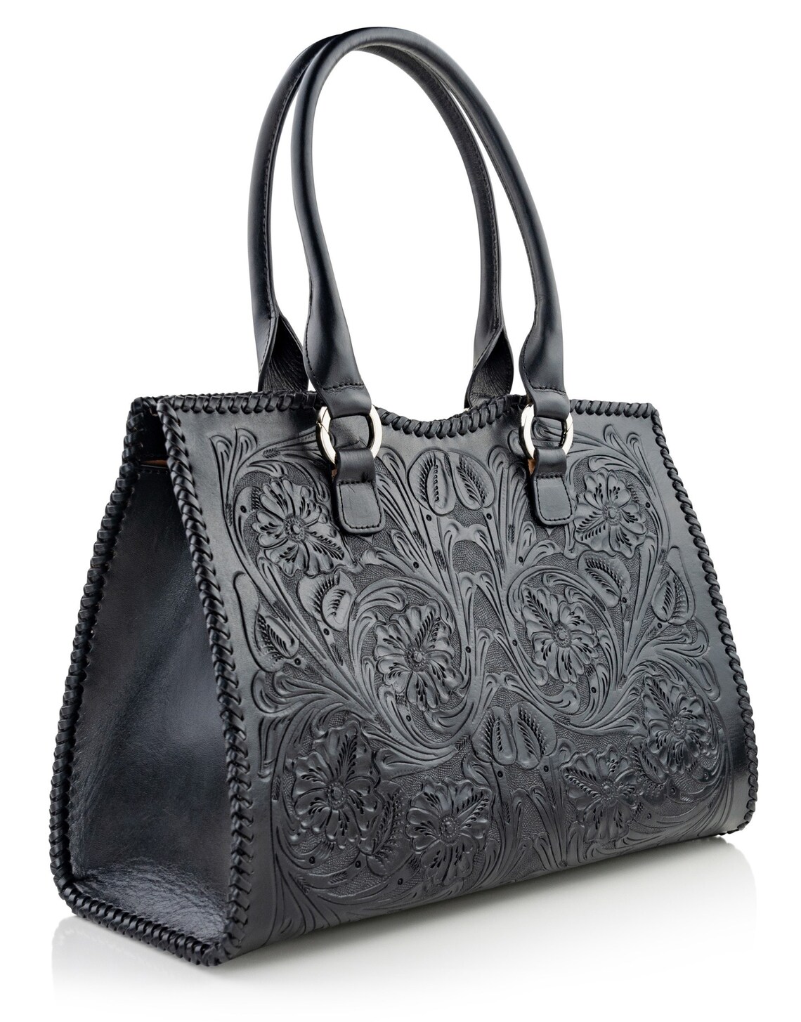 Black Leather Tote Bag Womens Tooled Leather Purse Large - Etsy