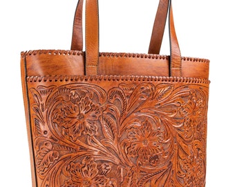 Leather tote bag with outside pocket - Mexican leather purse - Tooled Leather handbag - floral purse