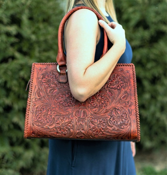 TOOLED LEATHER TOTE Hand Tooled Leather Cowhide Western Purse 