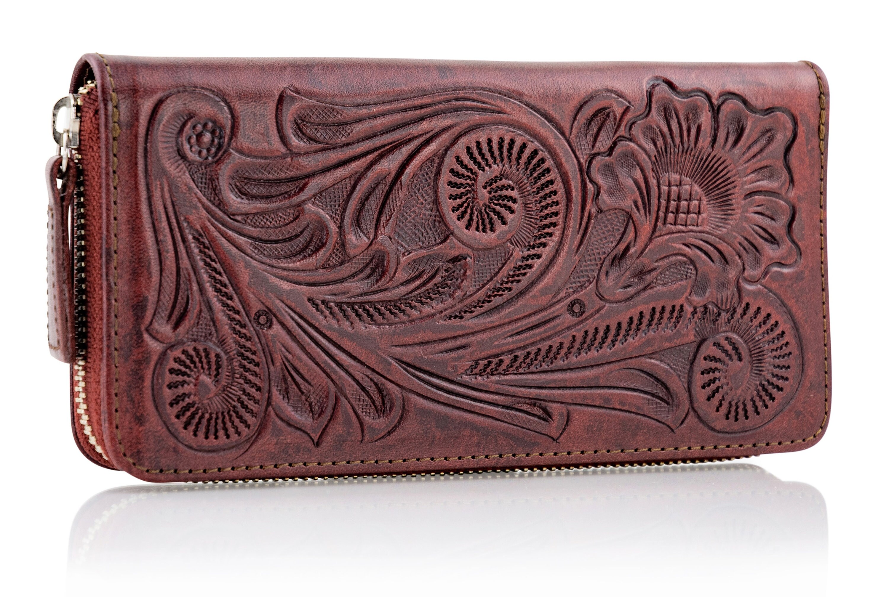 Brown Tooled Zipper Wallet