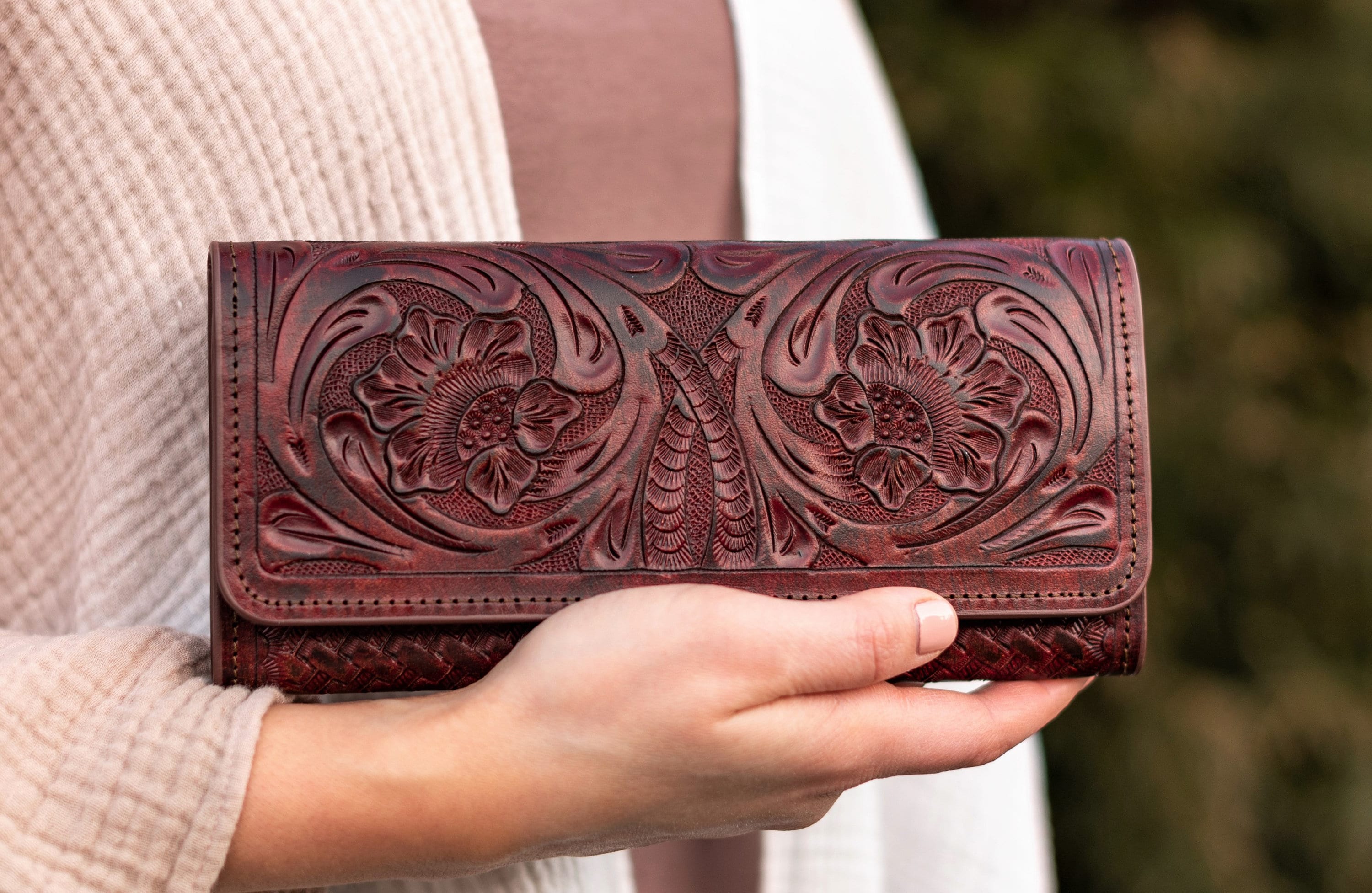Tooled Womens Wallet Black Leather Wallet Woman Tri Fold Etsy