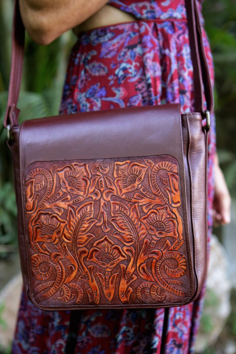 Tooled leather handbag Burgundy leather purse | Etsy