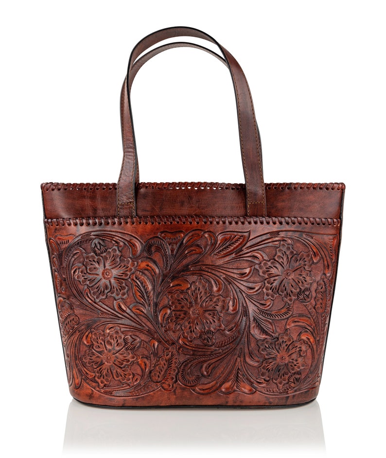 Hand Tooled Large Tote Bag With Exterior Pocket Mexican - Etsy