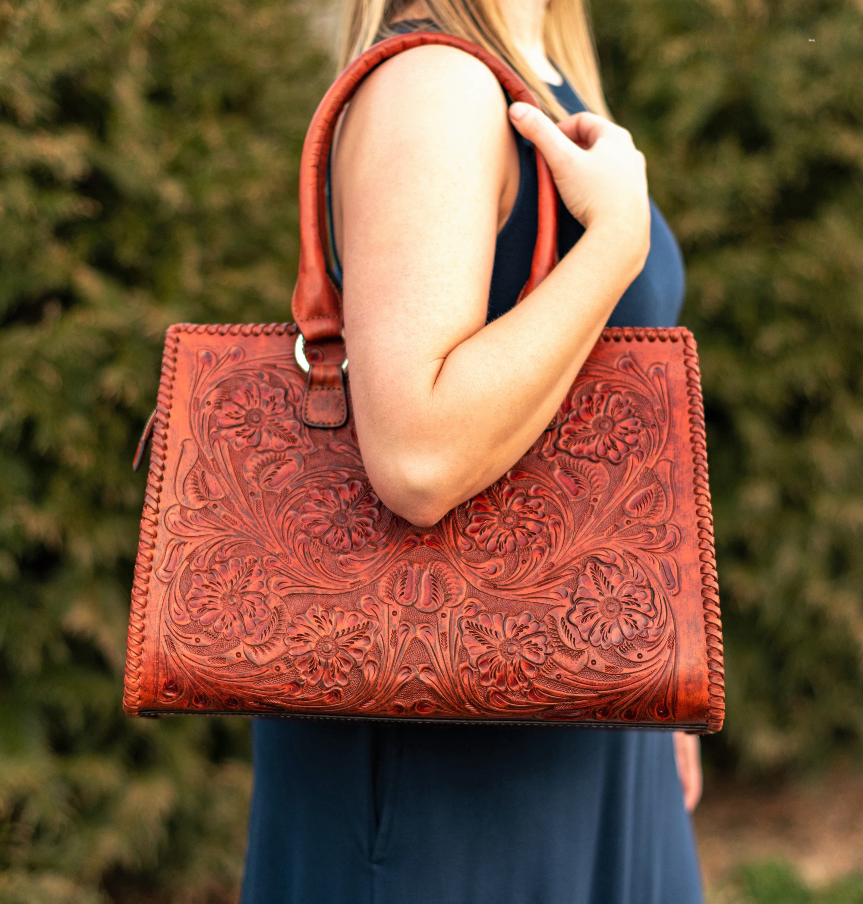 Leather Tote Bag Womens Tooled Leather 
