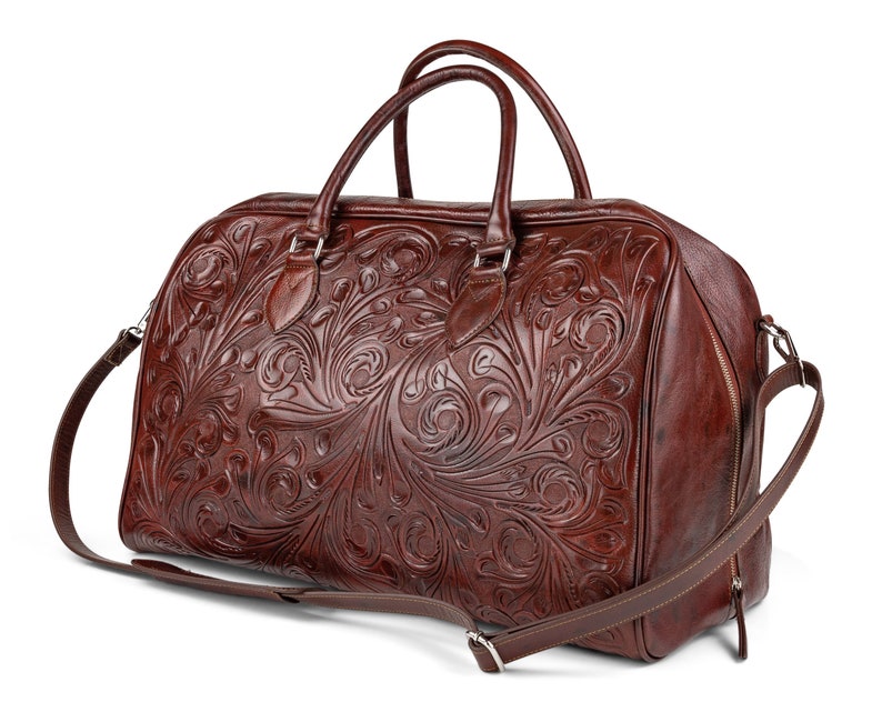 Tooled Leather Luggage Bag Large Leather Duffle Bag Carry Etsy