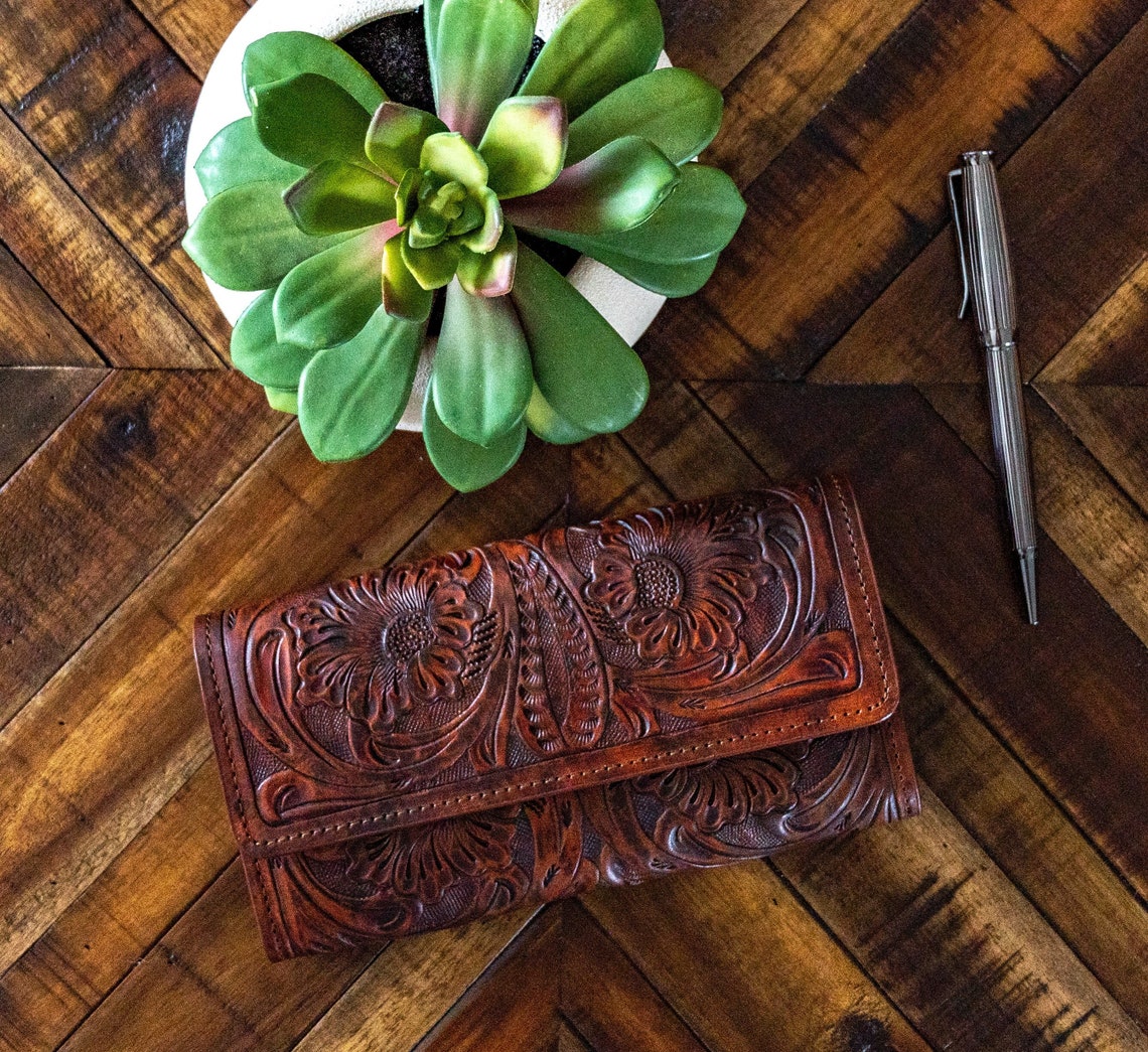 Brown Tooled Leather Wallet for Women Ladies Leather Wallet Etsy