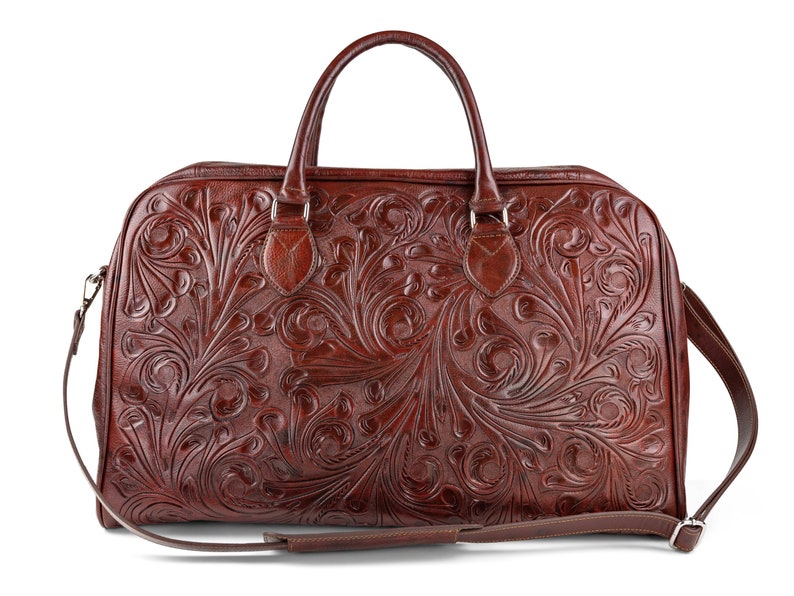 Tooled Leather Luggage Bag Large Leather Duffle Bag Carry Etsy