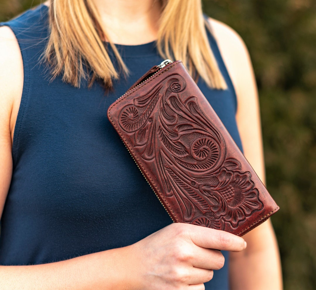 Tooled Leather Womens Wallet Zip Around Wallet Accordion Etsy