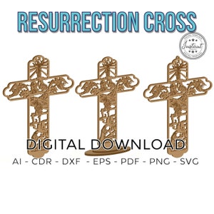 Könnte beinhalten: Ein digitaler Download einer Laser-Schnittdatei für ein Auferstehungskreuz. Das Kreuz zeigt ein detailliertes Design der Auferstehung Jesu Christi mit Engeln und einer Wolke. Die Datei ist in den Formaten AI, CDR, DXF, EPS, PDF, PNG und SVG verfügbar.