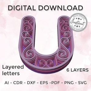 Layered letter - layered letter svg - Layered Floral Alphabet SVG DXF - Letter U 3D Mandala Svg - Layered Mandala Svg Dxf