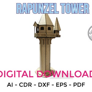 Lasergesneden vector bestand cdr dxf eps voor lasergesneden of cnc router RAPUNZEL TOWER model bestanden archief Clipart