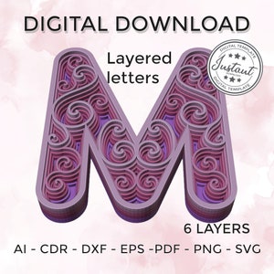 Layered Buchstabe - Layered Buchstabe svg - Layered Floral Alphabet SVG DXF - Buchstabe M 3D Mandala SVG - Layered Mandala SVG Dxf