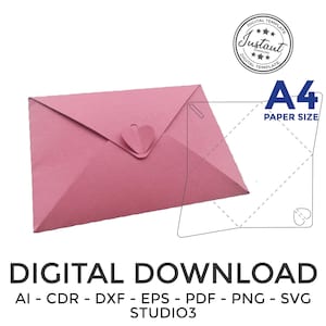 Könnte beinhalten: Eine digitale Download-Vorlage für einen rosa Umschlag mit einem Herz-Klappenverschluss. Die Vorlage ist für das Papierformat A4 konzipiert und umfasst die Dateiformate AI, CDR, DXF, EPS, PDF, PNG und SVG. Die Vorlage ist nur für den digitalen Download.