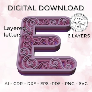 Letra en capas - letra en capas svg - Alfabeto floral en capas SVG DXF - Letra E 3D Mandala Svg - Mandala en capas Svg Dxf
