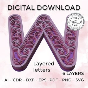 Layered letter - layered letter svg - Layered Floral Alphabet SVG DXF - Letter W 3D Mandala Svg - Layered Mandala Svg Dxf
